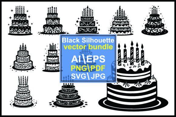 Black Silhouettes Birthday Cakes Graphics & Illustrations