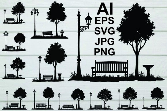 Park Bench Under a Tree Silhouette Set: Graphics & Illustrations