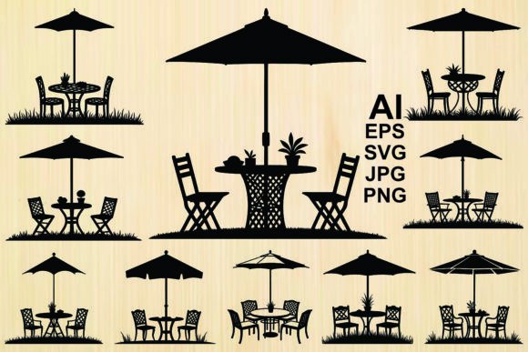 Silhouette Table and Chairs Umbrella Set: Graphics & Illustrations